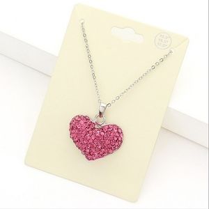 Pink Heart Pendant Necklace Rhinestone Charm Silver Jewelry Statement Chain